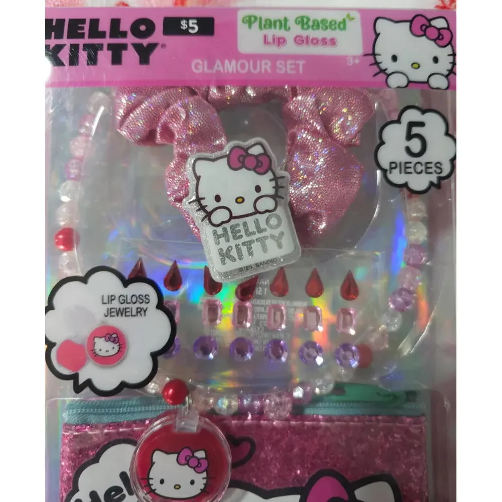 NEW Hello Kitty 5 pc Glamour Set Lip Gloss Necklace Stick On Gems Bag Scrunchie